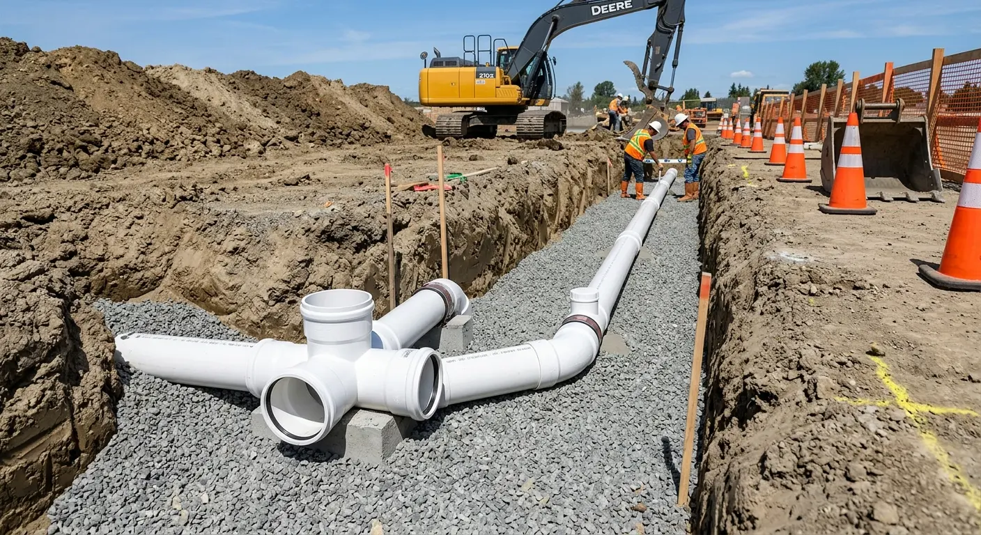 New PVC sewer pipe installation in open trench for Commercial Drain Cleaning in Wahoo
