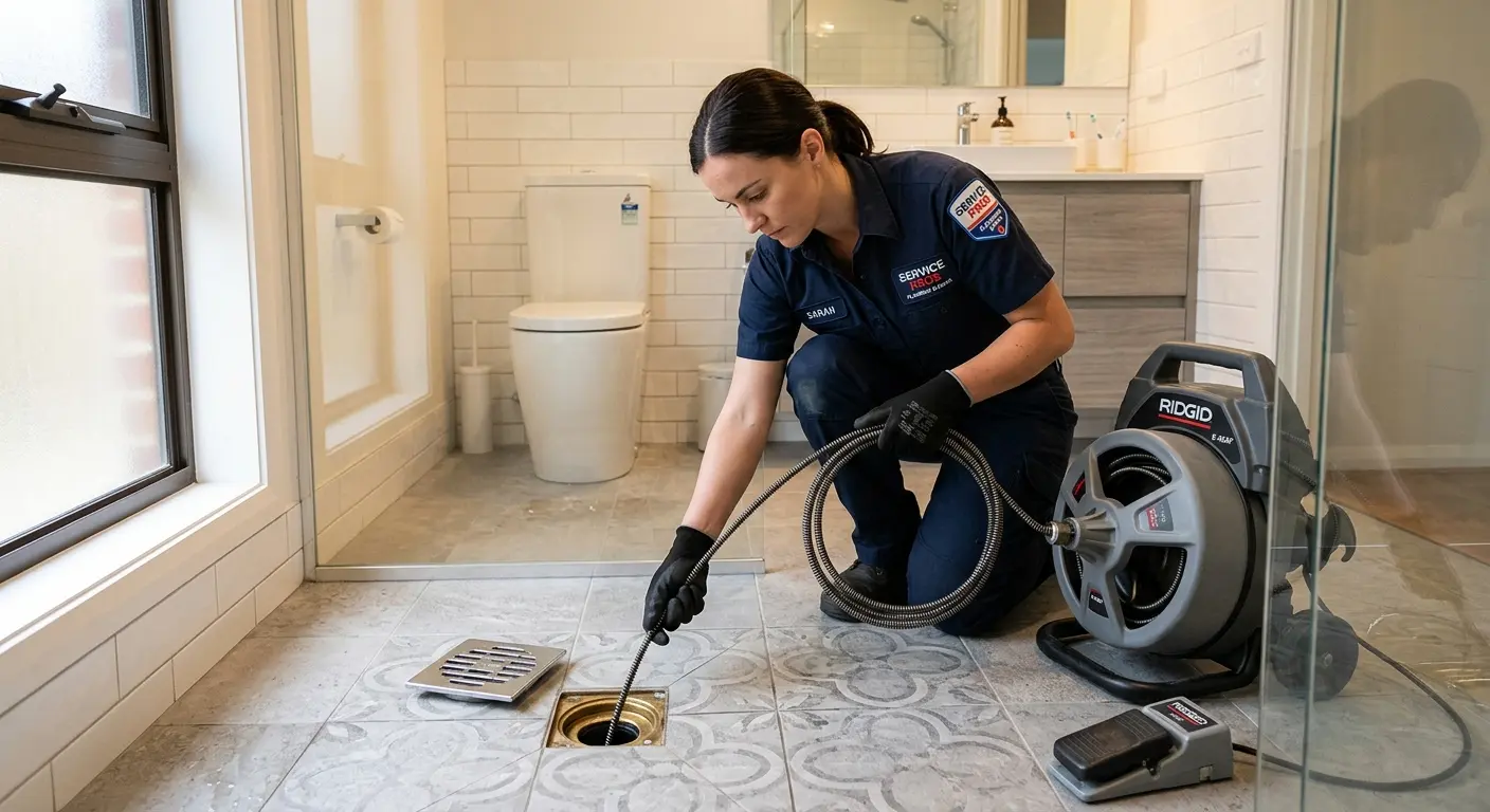 Technician clearing a bathroom floor drain for Clogged Drain Repair in Wahoo